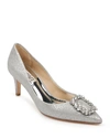 Badgley Mischka Carrie Crystal Pilgrim Satin Pumps In Silver