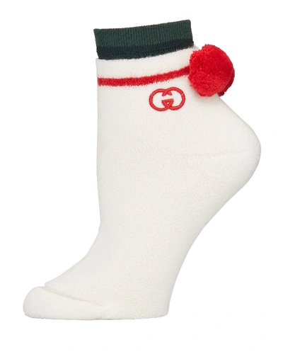 Gucci Pompom Ankle Socks W/ Interlocking G Embroidery In Ivory/dark Green