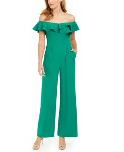 Calvin Klein Ruffled Off-the-shoulder Jumpsuit In Meadow Green
