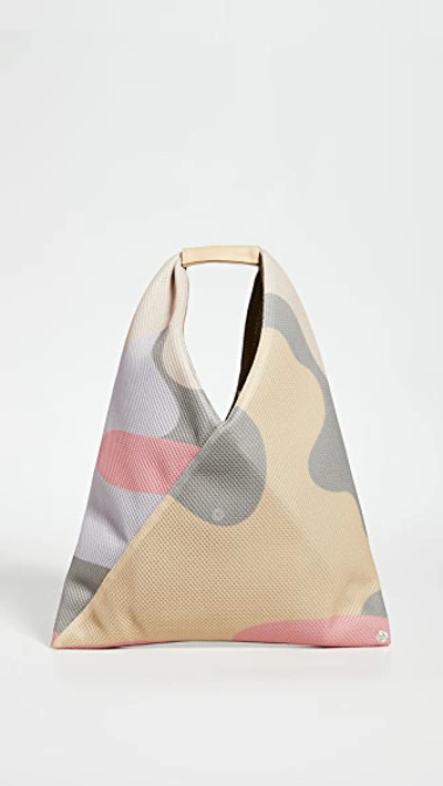 Mm6 Maison Margiela Camouflage Printed Mesh Small Japanese Tote Bag In Beige/fuchsia/yellow