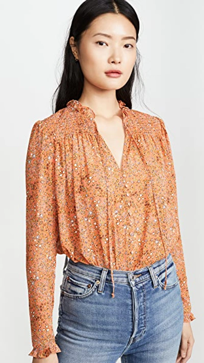 Free People Lela Floral Smocked Ruffle Blouse In Coral