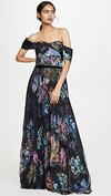 MARCHESA NOTTE Off the Shoulder Printed Chiffon and Charmeuse Gown