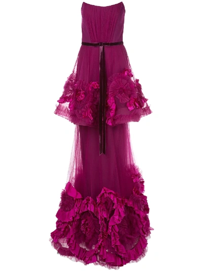 Marchesa Notte Layered Appliqué Evening Dress In 紫色