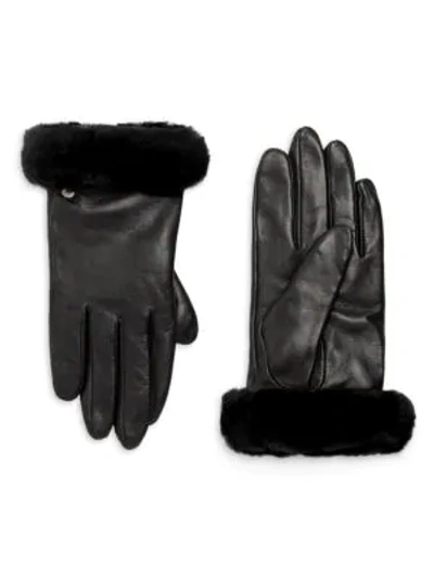 Ugg Shorty Shearling-cuff Leather Gloves In Black