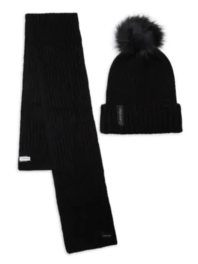 Calvin Klein 2 Pc Gift Set Faux Fur Pom Pom Hat w/Faux Fur pull through Scarf Calvin Klein 2 Pc Gift Set Faux Fur Pom Pom Hat w/Faux Fur  main image 3