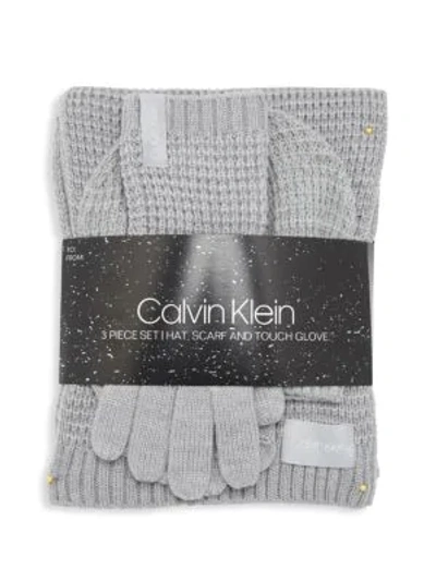 Calvin Klein 3-piece Waffle Knit Hat, Scarf & Touch Gloves Set In Heathered Grey