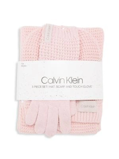 Calvin Klein 3-piece Waffle Knit Hat, Scarf & Touch Gloves Set In Pink