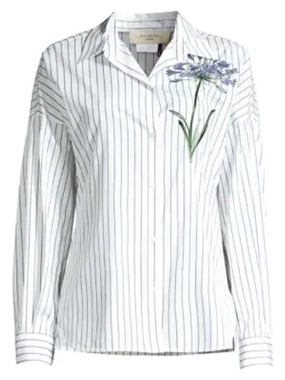 Weekend Max Mara Antony Stripe & Floral Embroidery Cotton Shirt In Light Blue