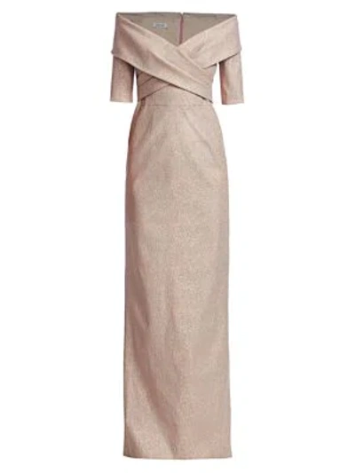 Teri Jon By Rickie Freeman Glitter Off-the-shoulder Column Gown In Rose Gold
