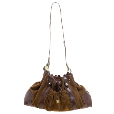 Pre-owned Burberry Brown Suede And Leather Drawstring Hobo
