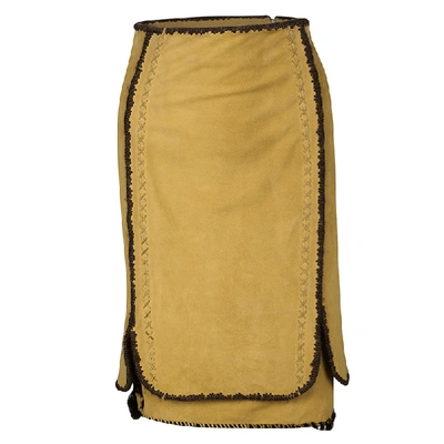 Pre-owned Saint Laurent Paris Mustard Suede Contrast Trim Skirt S In Yellow