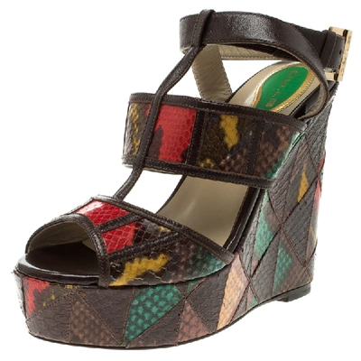 Pre-owned Etro Multicolor Embossed Python Leather Ankle Strap Wedge Sandals Size 36