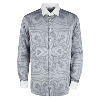 Pre-owned Etro Grey Printed Contrast Collar And Cuff Detail Long Sleeve Shirt L