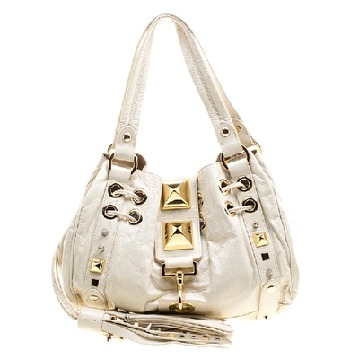 Pre-owned Mulberry For Giles White Leather Studded Drawstring Bag In Cream