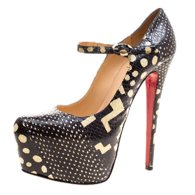 Pre-owned Christian Louboutin Monochrome Printed Snake Skin Daffodile Mary Jane Platform Pumps Size 38 In Black