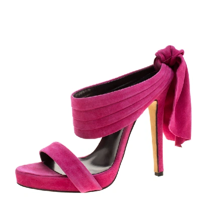 Pre-owned Oscar De La Renta Fuchsia Pink Suede Sandy Bow Detail Sandals Size 37