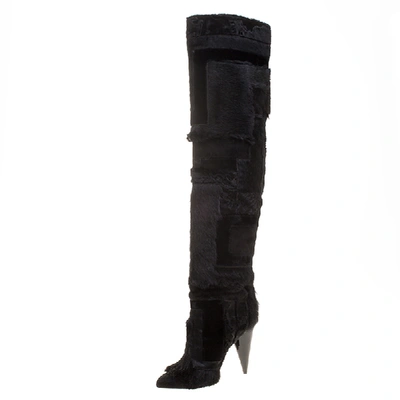 Pre-owned Tom Ford Black Geometric Patchwork Fur And Suede Over The Knee Boots Size 38.5