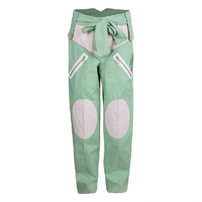 Pre-owned Chloé Green Cotton Contrast Trim And Knee Patch Detail Belted Trousers M