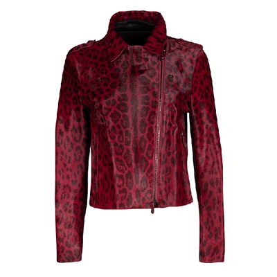 Pre-owned Valentino Red Leopard Pattern Calf Fur Zip Front Biker Jacket M