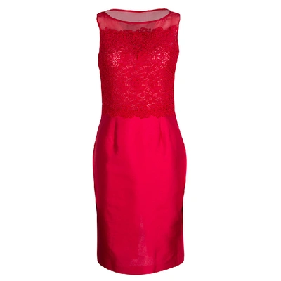 Pre-owned Ch Carolina Herrera Red Lace And Organza Sleeveless Sheath Dress S