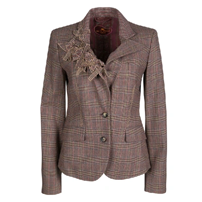 Pre-owned Etro Multicolor Houndstooth Plaid Floral Applique Detail Wool Blazer M