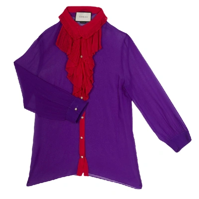 Pre-owned Gucci Purple Silk Chiffon Contrast Plisse Ruffle Detail Sheer Blouse M