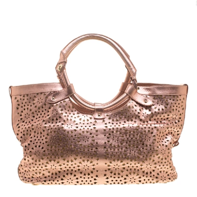 Pre-owned Jimmy Choo Metallic Rose Gold Leather Laser Cut Out Open Tote