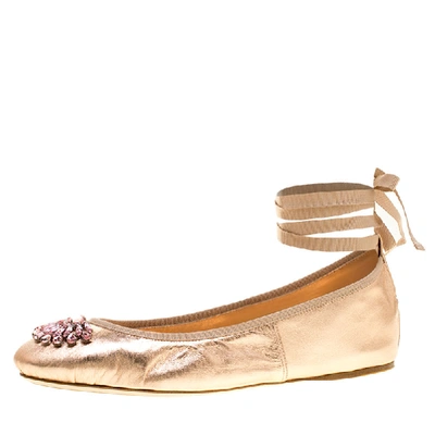 Pre-owned Jimmy Choo Metallic Rose Leather Grace Crystal Embellished Ankle Wrap Ballet Flats Size 41
