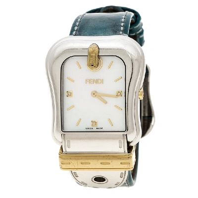 Pre-owned Fendi White Mother Of Pearl Gold Plated Stainless Steel 3800g Women's Wristwatch 33 Mm In Blue