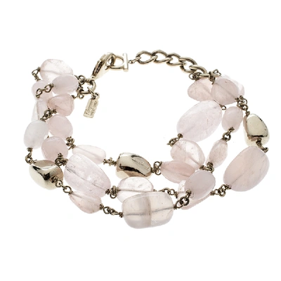 Pre-owned Ferragamo Tumbled Rose Quartz Gold Tone Bead Bracelet In Pink