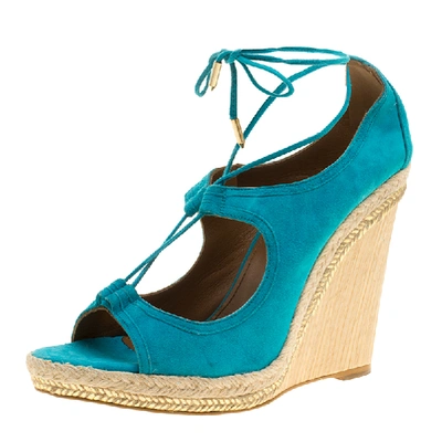 Pre-owned Aquazzura Turquoise Blue Suede Christie Wedge Espadrille Lace Up Open Toe Sandals Size 41