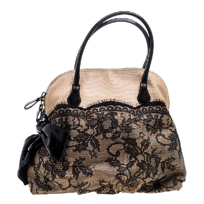 Pre-owned Valentino Garavani Beige/black Canvas And Lace Bow Dome Satchel