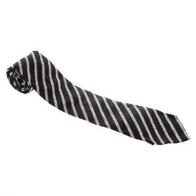 Pre-owned Ermenegildo Zegna Black Diagonal Striped Silk Jacquard Traditional Tie