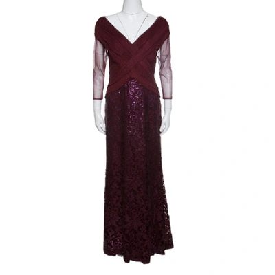 Pre-owned Tadashi Shoji Burgundy Tulle Woven Bodice Sequined Gown S