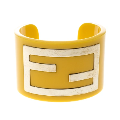 Pre-owned Fendi Yellow Resin Gold Tone Wide Open Cuff Bracelet