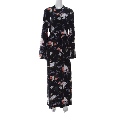 Pre-owned Equipment Britten Navy Blue Floral Printed Silk Belted Maxi Dress L