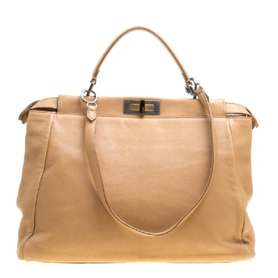 Pre-owned Fendi Beige Leather Large Peekaboo Top Handle Bag
