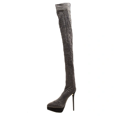 Pre-owned Charlotte Olympia Black Glitter Jersey More Is More Thigh High Platform Boots Size 41