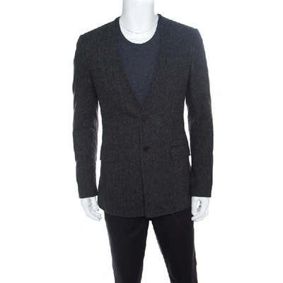 Pre-owned Givenchy Grey Wool Herringbone Pattern Collarless Tailored Jacket L
