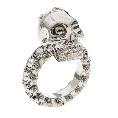 Pre-owned Alexander Mcqueen Skull Crystal Embedded Silver Tone Ring Size 51