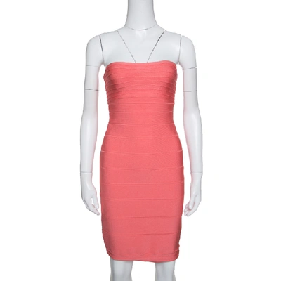Pre-owned Herve Leger Peach Blush Knit Strapless Bandage Dress S In Pink