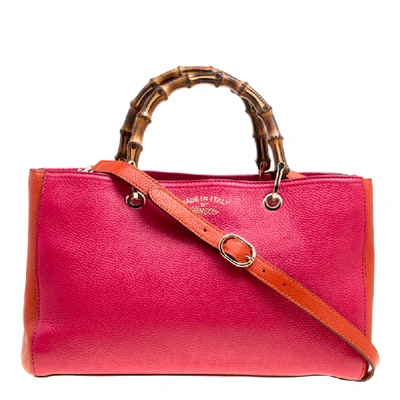 Pre-owned Gucci Fuchsia/orange Leather Medium Exclusive Bamboo Shopper Top Handle Bag In Pink