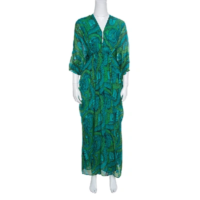 Pre-owned Issa Green Printed Silk Zip Front Ruched Maxi Dress S