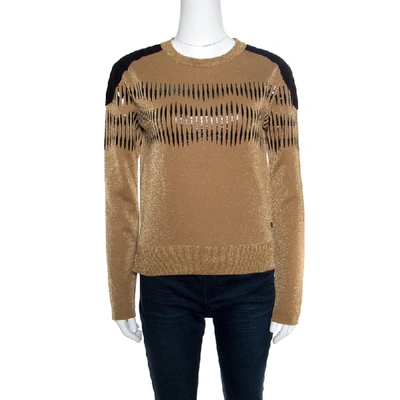Pre-owned Louis Vuitton Brown Lurex Knit Contrast Suede Shoulder Patch Detail Cropped Jumper Xs
