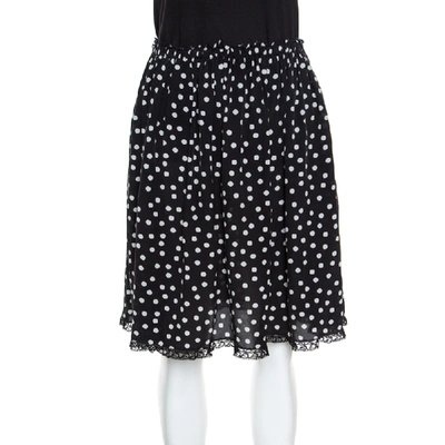 Pre-owned Dolce & Gabbana Monochrome Polka Dotted Lace Trim Silk Skirt M In Black