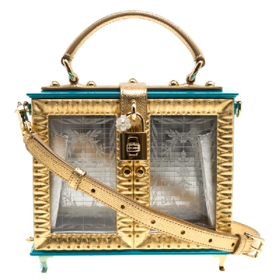 Pre-owned Dolce & Gabbana Blue/gold Acrylic And Leather Furniture Box Top Handle Bag