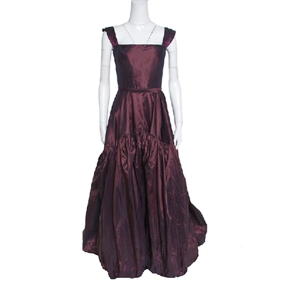 Pre-owned Oscar De La Renta Burgundy Silk Tiered Belted Sleeveless Gown S