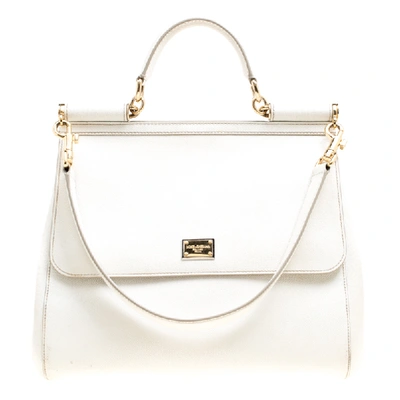 Pre-owned Dolce & Gabbana Off White Leather Large Miss Sicily Top Handle Bag