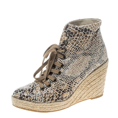 Pre-owned Stella Mccartney Snake Print Canvas Espadrille Wedge Ankle Boots Size 37 In Beige