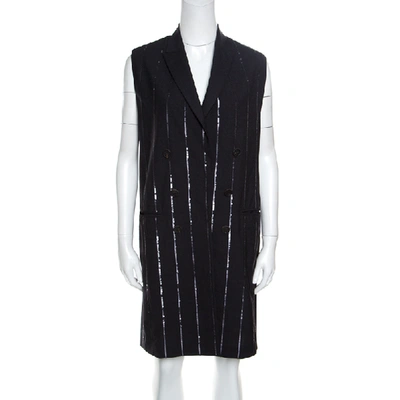 Pre-owned Brunello Cucinelli Grey Wool Sequin Striped Sleeveless Blazer Dress M